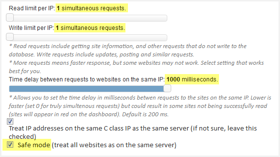 the managewp settings with the read and write limits set to 1, a 1000 milliseconds time delay, and safe mode checked