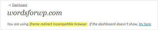iframe ManageWP message informing user that they are using an incompatible browser