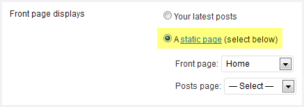 static front page settings the reading settings on the wordpress dashboard with the static front page setting highlighted