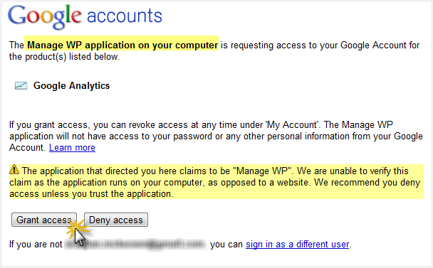 grant access a screenshot of the Google Analytics screen asking if you are willing to grant access to ManageWP