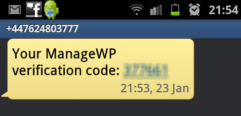 a screenshot of the sms you would receive from ManageWP with the verification code