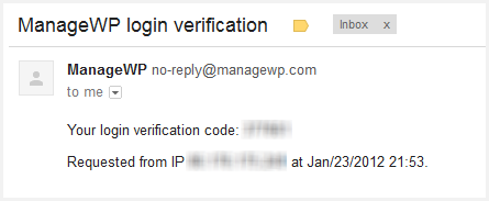 a screenshot of the email you would receive from ManageWP with the verification code
