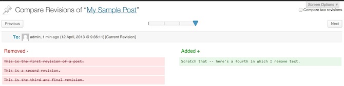 WordPress post revisions screenshot.