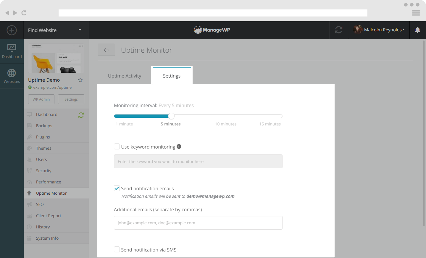 Settings page monitor