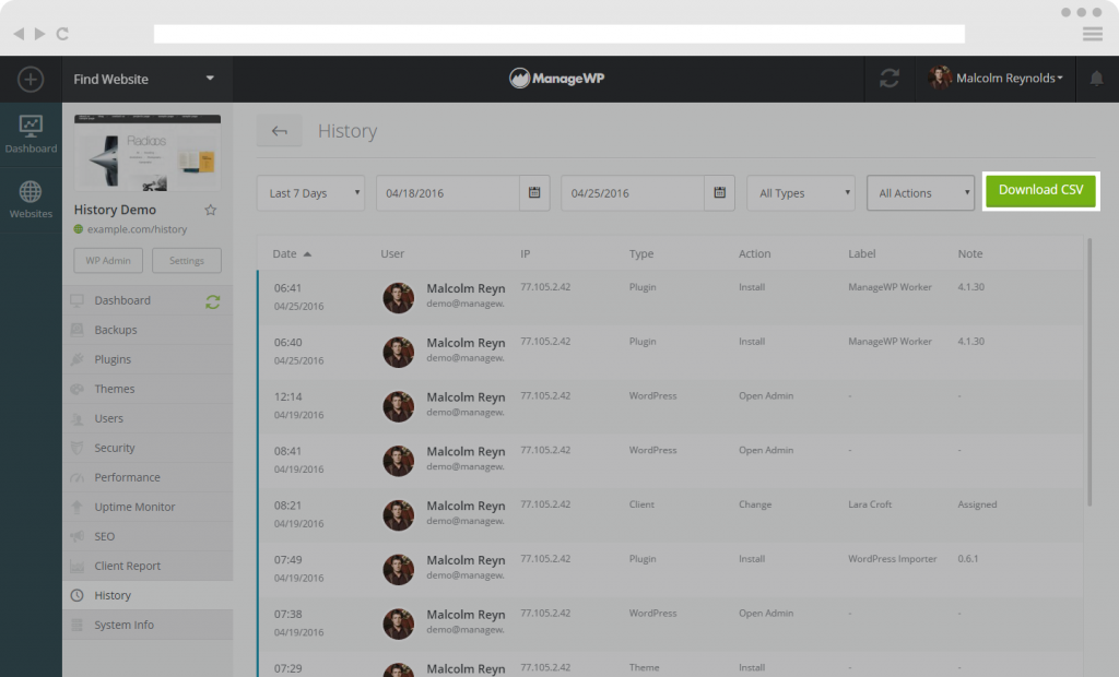 How to check your Dashboard History ManageWP