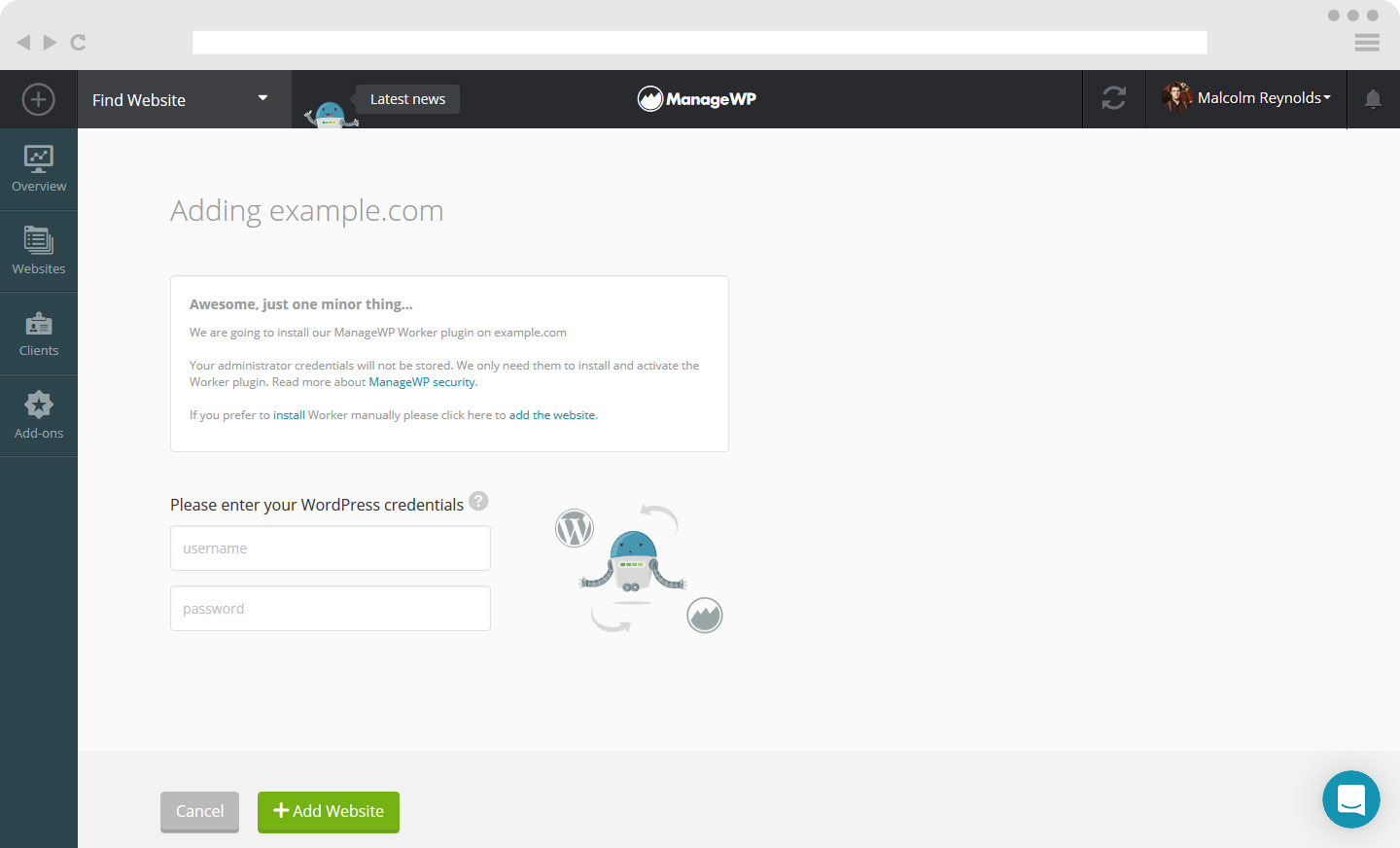 How to add a website to ManageWP dashboard - ManageWP
