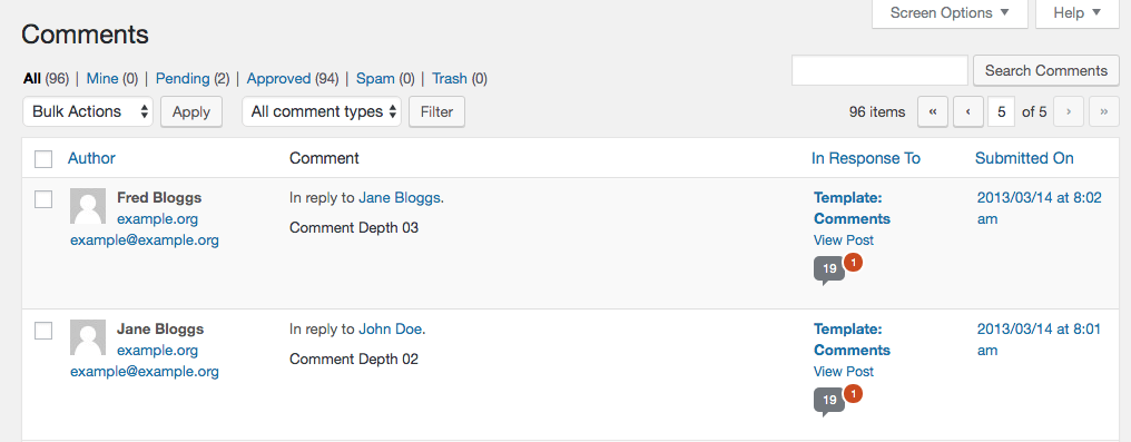 The Comments section on the WordPress back end.