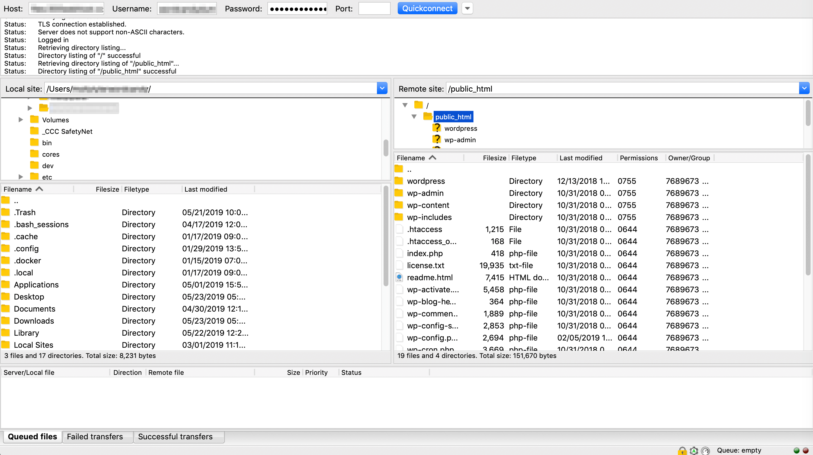 Using FileZilla to connect to a host's server.