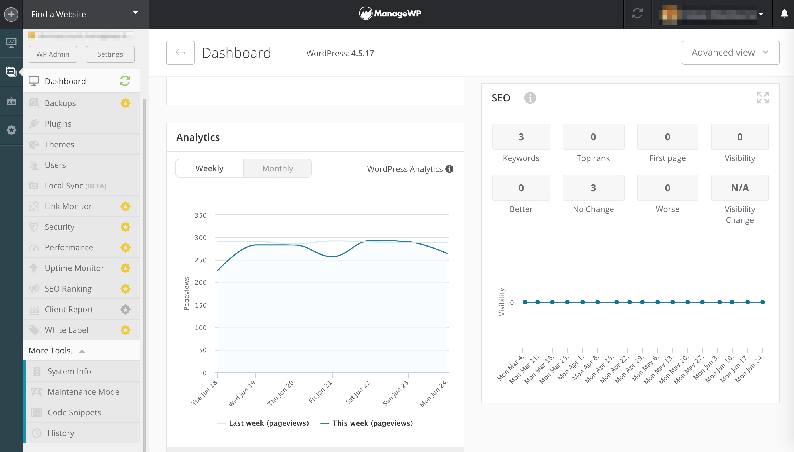The Analytics and SEO widgets in the ManageWP dashboard.