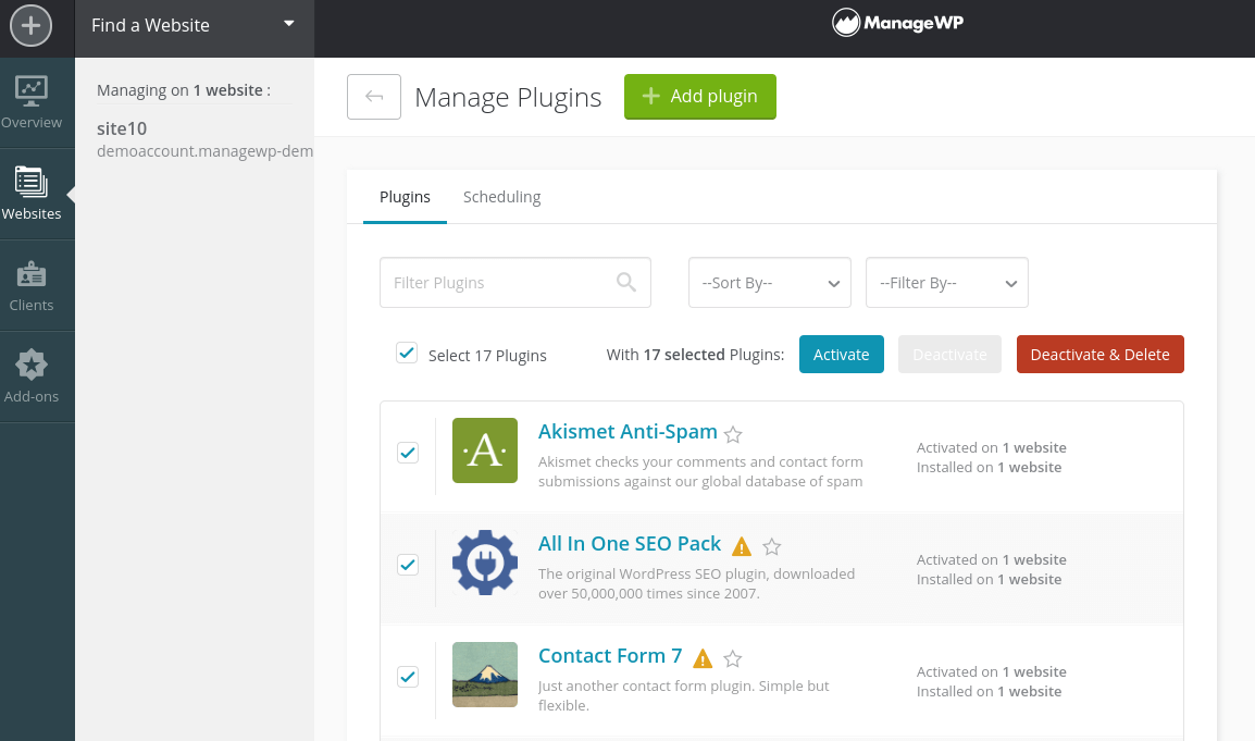 Managing plugins with ManageWP dashboard.