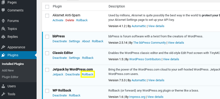 An example of the WP Rollback plugin link.