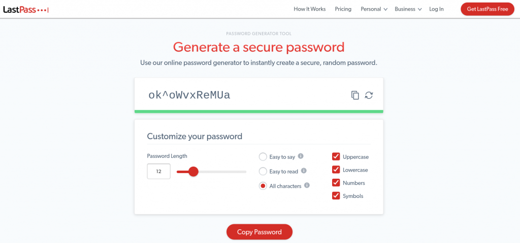 The LastPass password generator tool.