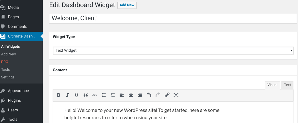 Adding a new widget with the Ultimate Dashboard plugin in WordPress.