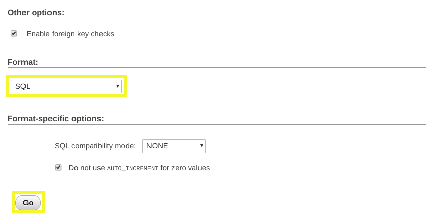 SQL format settings in phpMyAdmin.