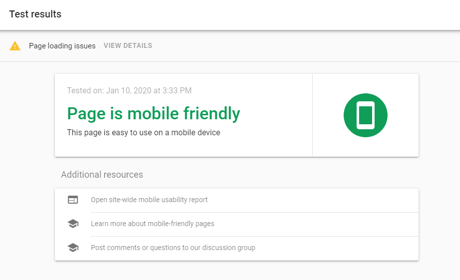 The results page of the Google Mobile-Friendly Test tool.