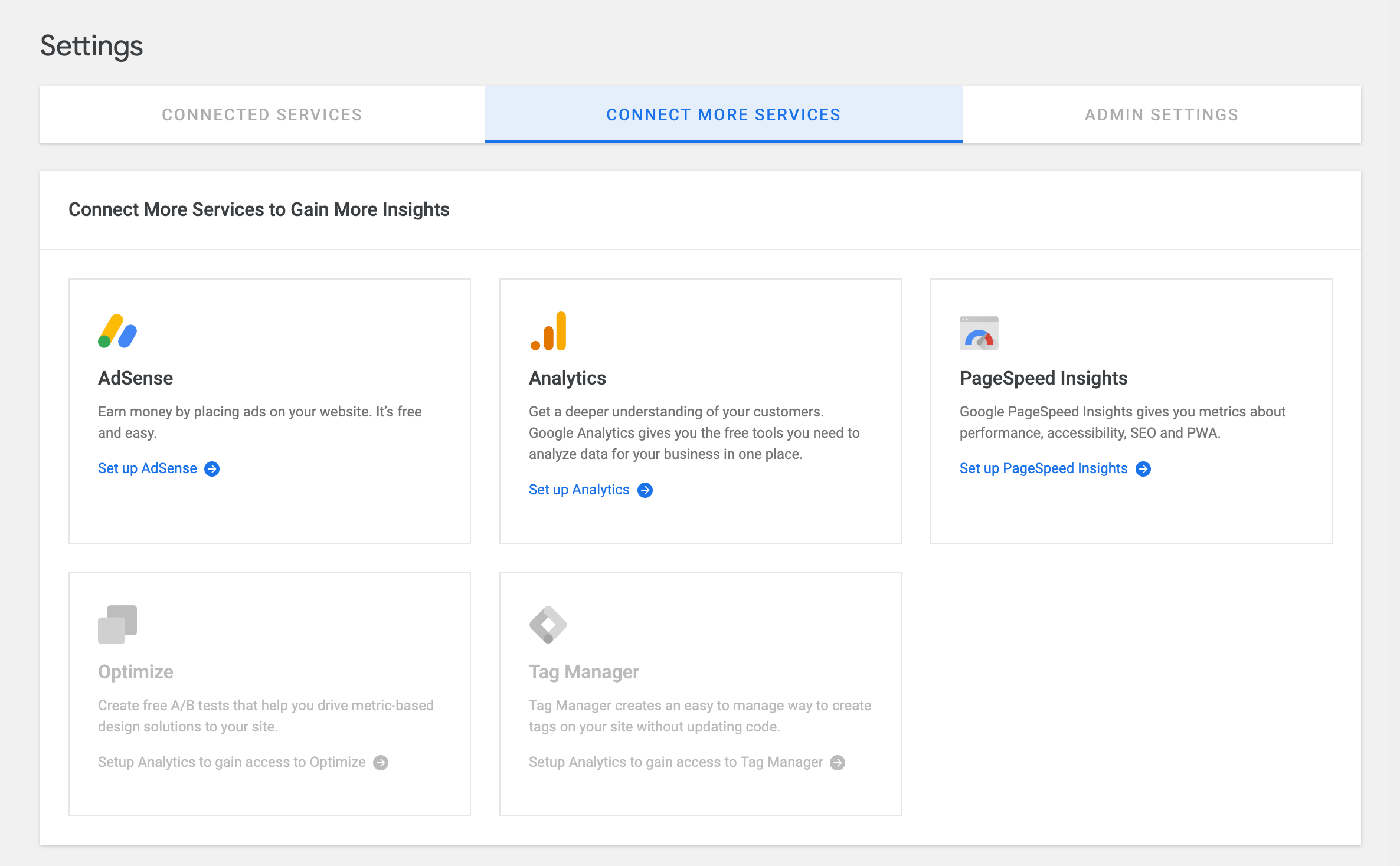 The Google Site Kit Connect More Services setting.