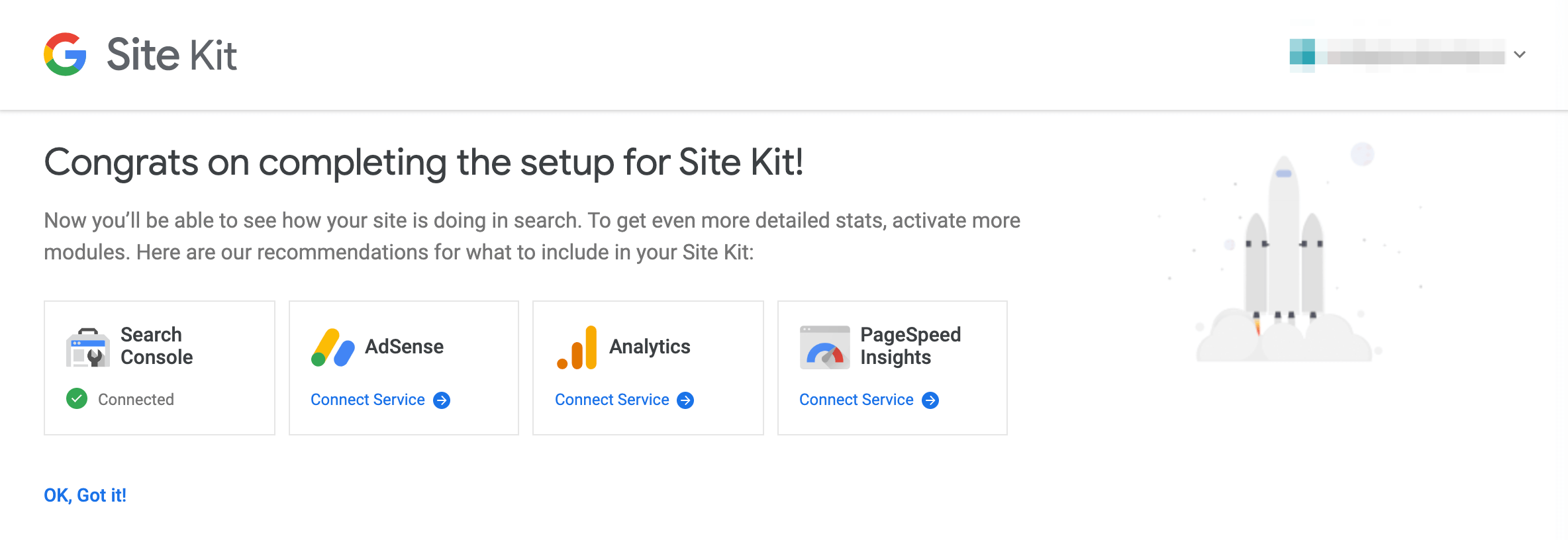 The prompt to connect additional services using Google Site Kit after initial ownership verification.