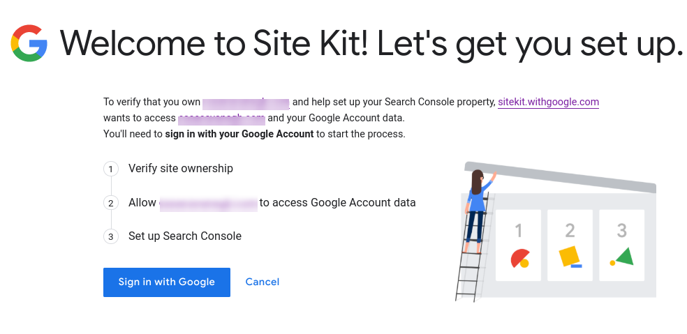 The setup page for Google Site Kit.