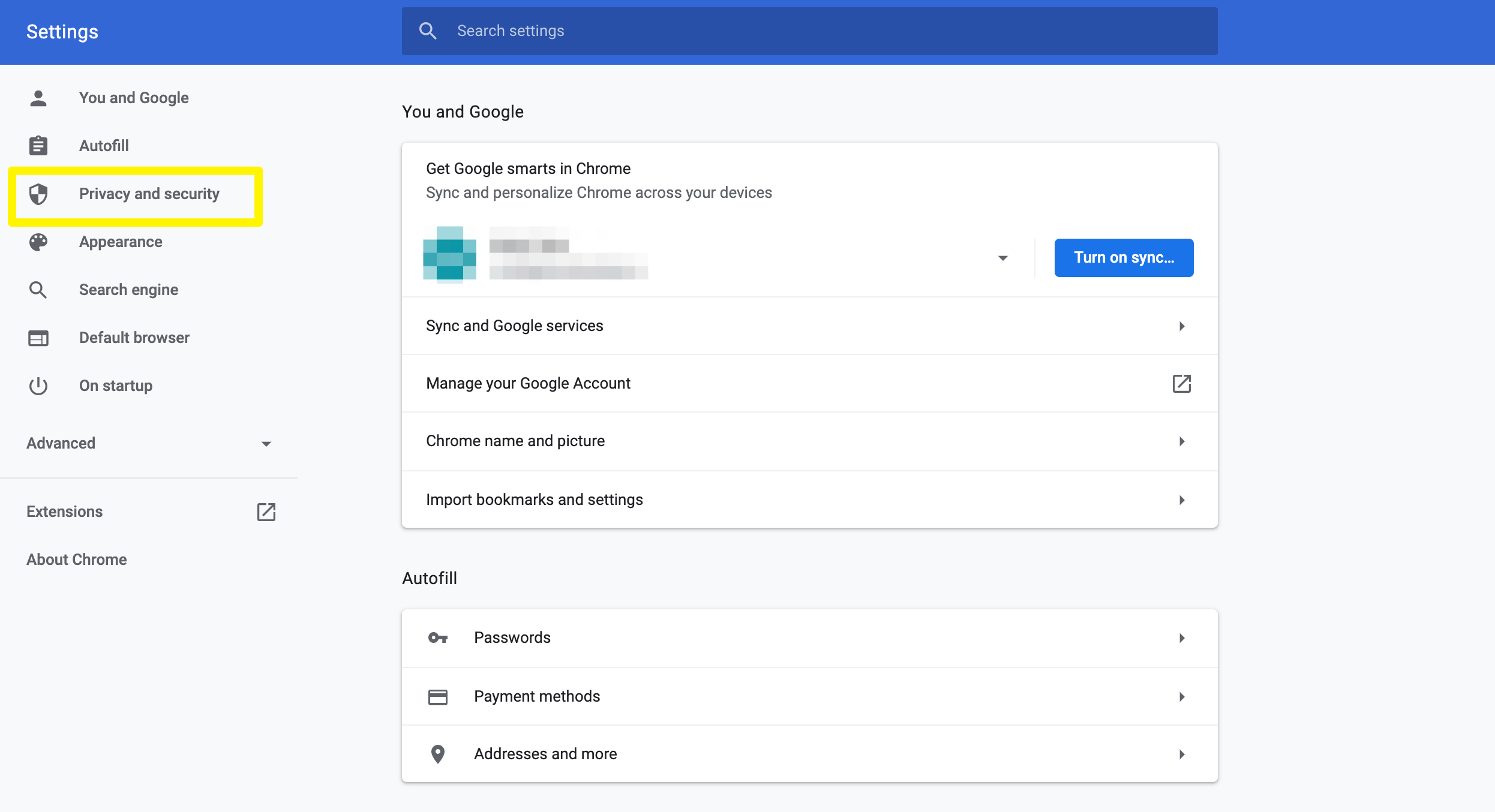 Accessing the Chrome Privacy and Security settings.