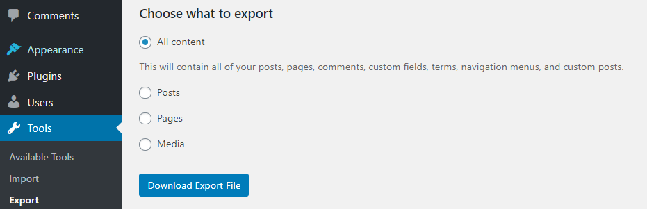 Exporting all your WordPress content.