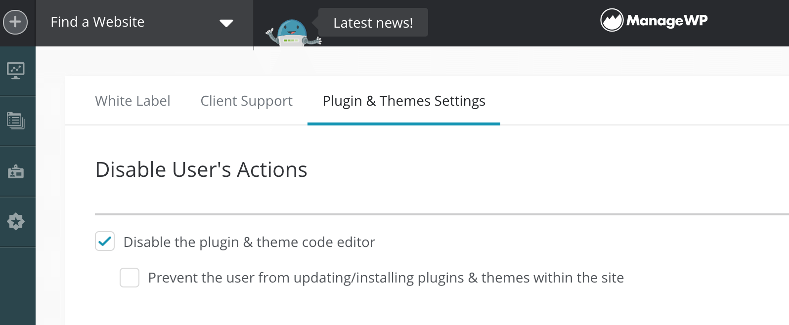 ManageWP's "Plugin & Theme Settings" menu.