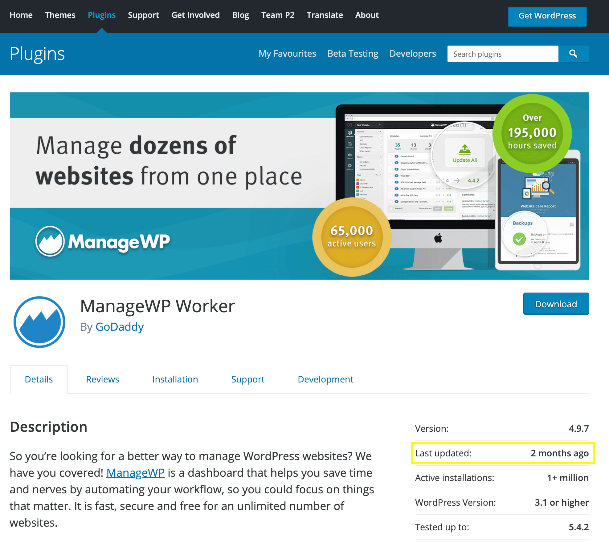 The ManageWP plugin in the official WordPress Plugin Directory.