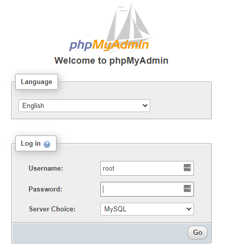 The phpMyAdmin login page.