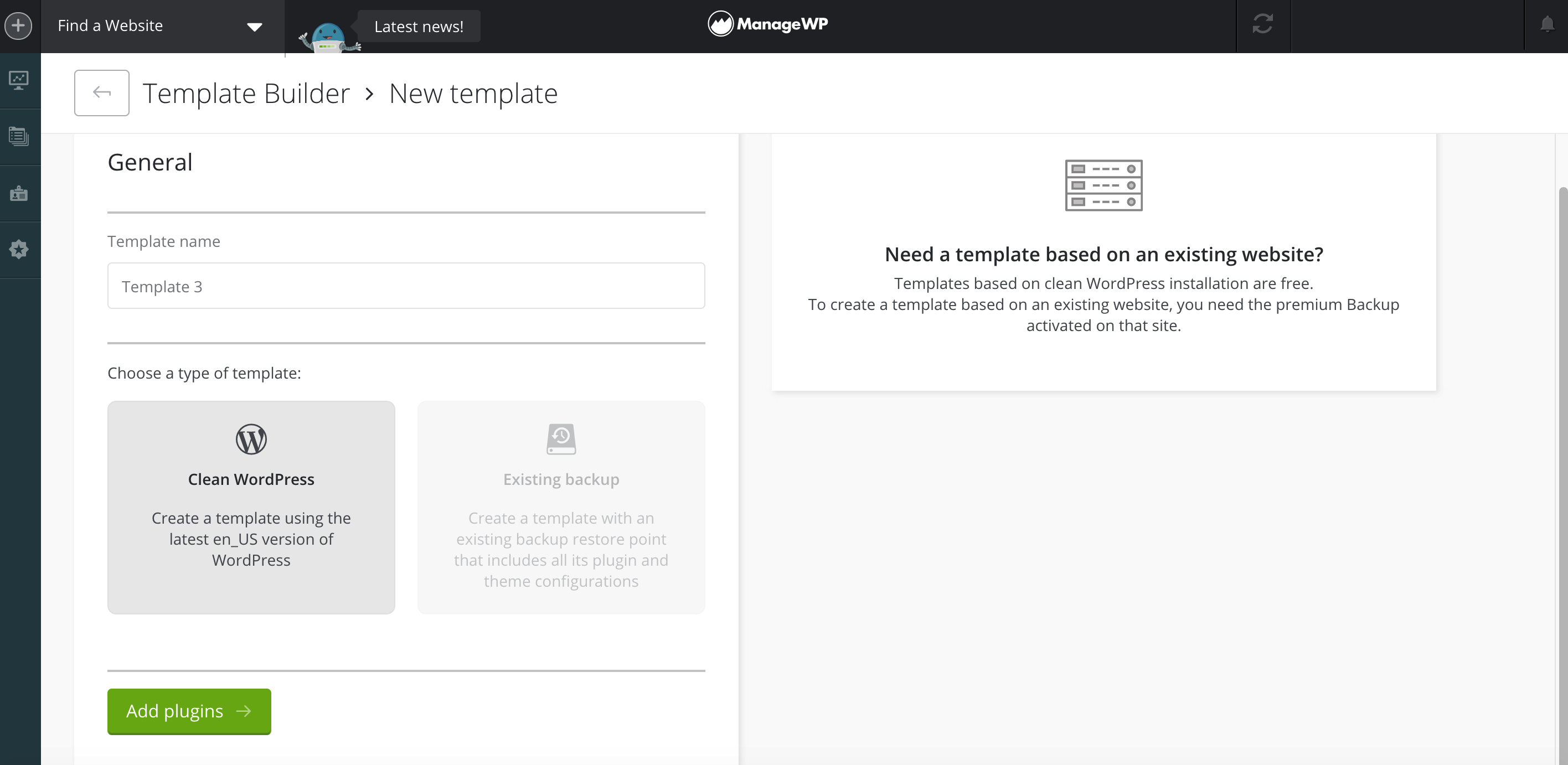 ManageWP's template builder dashboard.