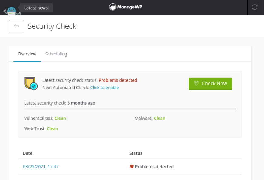 The ManageWP Security Check feature.