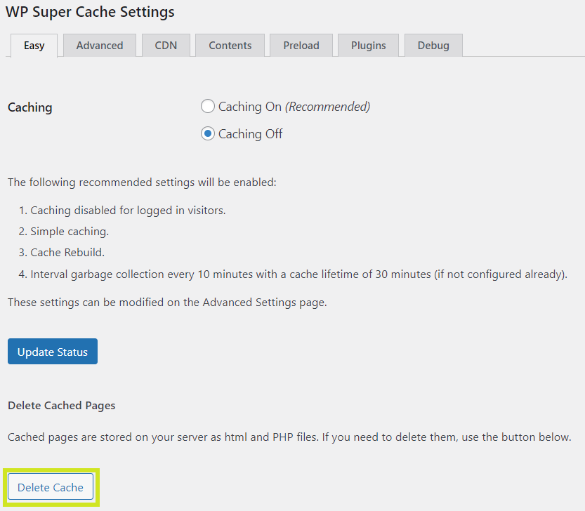 How to delete your WordPress cache with the WP Super Cache plugin.