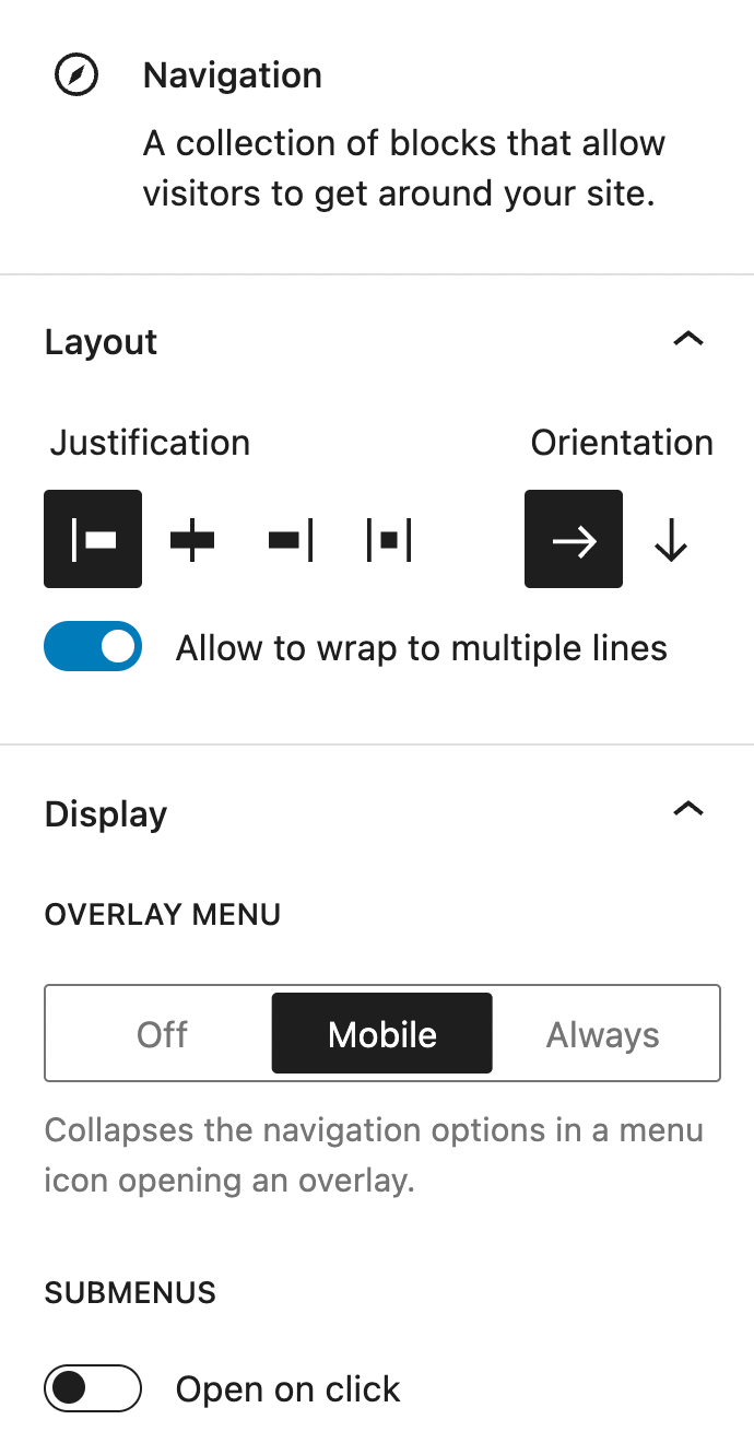 Navigation block settings.