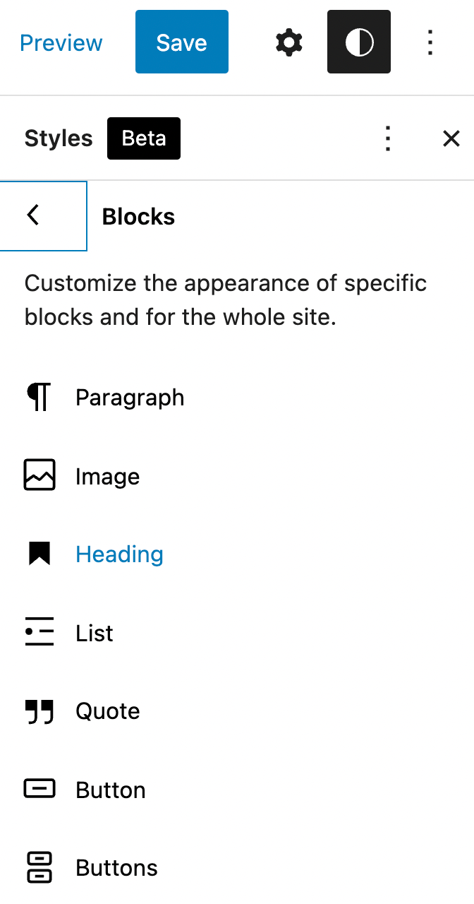 Edit Blocks panel in WordPress 5.9. 
