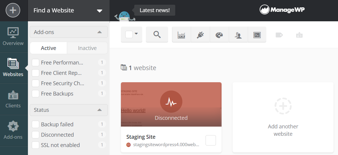 Adding a staging website for WordPress with ManageWP.