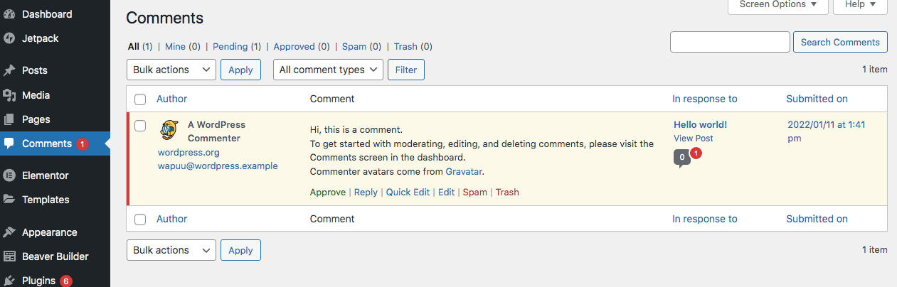 WordPress comments tab