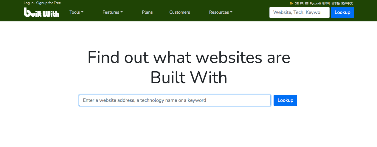 Página inicial do BuiltWith